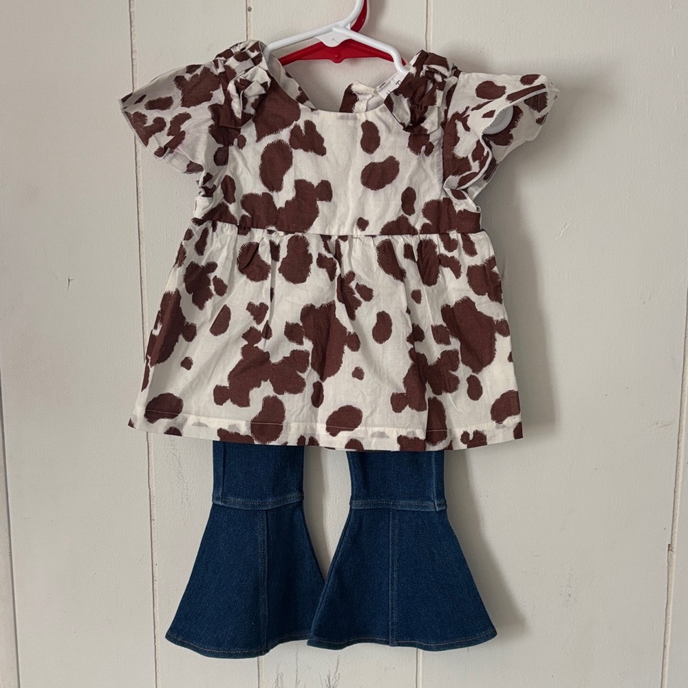Cow Print Top and Denim Flare Pants Set